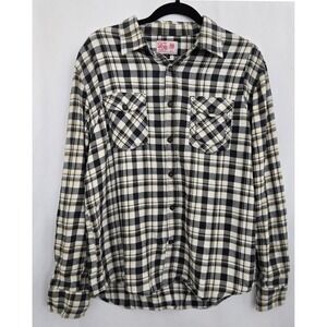 LRG Lifted Research Group Mens M Flannel Plaid‎ Shirt Black White Yellow Grunge